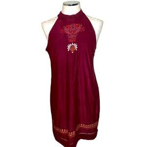 Alya Boho Embroidered Halter Faux Suede Mini Dress Size Medium Burgundy